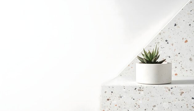 Planta peque&ntilde;a en maceta blanca sobre escalones de terrazo con fondo minimalista y espacio para texto