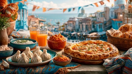 Fototapeta premium Vibrant Georgian Supra Feast with Traditional Dishes and Scenic View