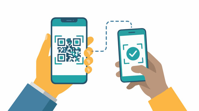 Two hands holding smartphones with QR code and checkmark
