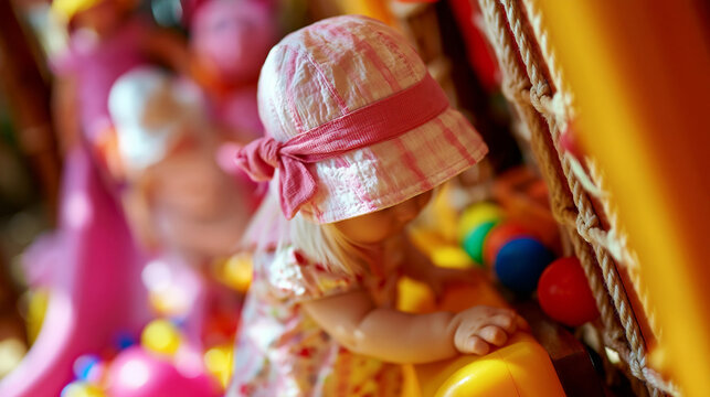 A young child wearing a sun hat playing in a indoor ball pit filled with colorful plastic balls, colorful