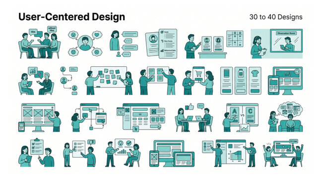 User centered design web and app development vector graphic elements featuring professional UX research and design workflows cantered interface development application wireframe research
