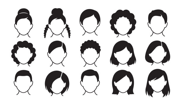 Different female and male head silhouettes with diverse hairstyles for salon logo design.