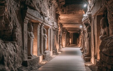 Naklejka premium Underground Ceremonial Gallery with Monumental Stone Sculptures