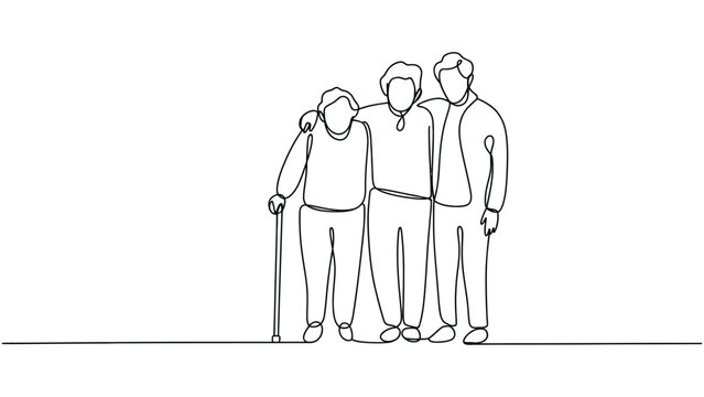 Continuous line drawing of diverse senior adults standing together representing elderly care, aging population, family support, inclusion, community and healthy aging