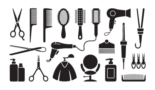 Professional hairdressing tools and beauty salon equipment set in black vector format.