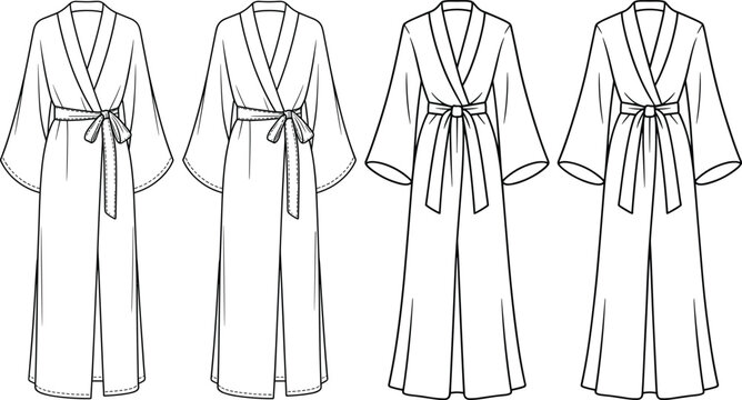 Technical fashion flat sketch of women's kimono robes and dressing gowns with belt and wrap style closure