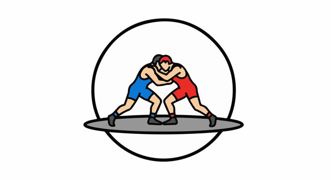 Two wrestlers in blue and red singlets grappling within a circle