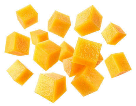 Dynamisch fallende saftige Pfirsichw&uuml;rfel isoliert f&uuml;r Food-Designer zur sommerlichen Gestaltung von erfrischenden Eistee-Verpackungen auf transparentem Hintergrund