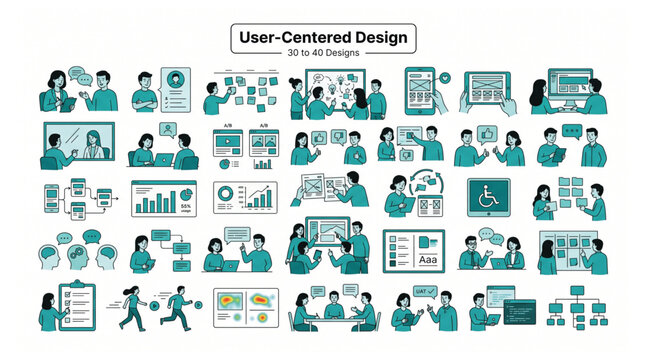 User cantered design process and software development illustration set with cantered development software strategy planning research interface collaboration wireframe prototype workflow