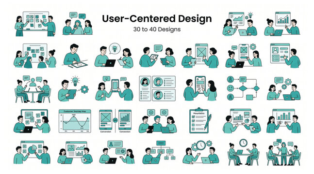 Set of user cantered design vector flat illustrations showcasing product development and user experience research processes with cantered research development wireframe planning collaboration