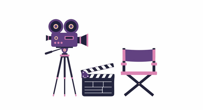 Vintage movie camera, clapperboard, and director's chair on white