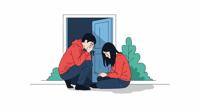 Two people in red hoodies look distressed by a doorway and phone