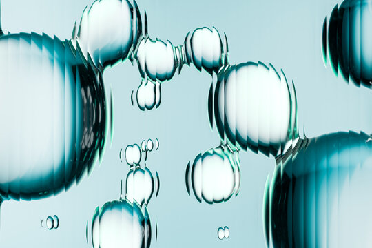 Abstract molecule bubbles floating on a clean background. Glossy 3D spheres, molecular and skincare concept, science-inspired cosmetic visualization, modern minimal design.