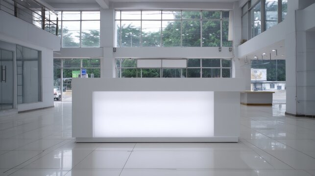 Bright and Modern Reception Area with Minimalist White Desk and Large Windows Illuminating the Space
