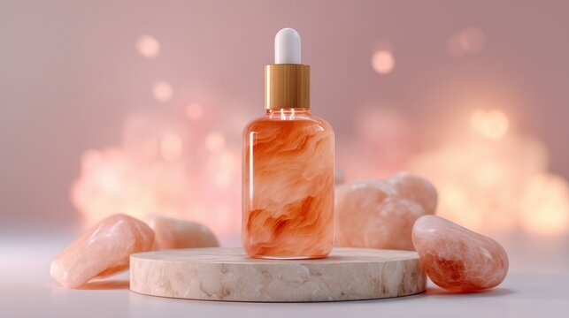 Elegant Rose Quartz Facial Serum on Marble Display with Soft Blurred Background and Crystals for Skincare Bliss