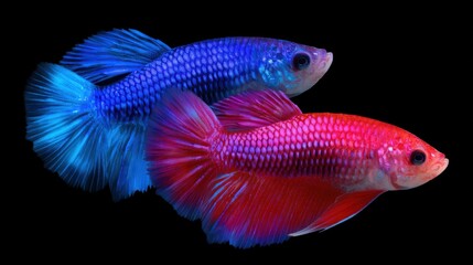 Fototapeta premium Colorful Betta Fish in Vibrant Blue and Red Shades Swimming Gracefully Against a Black Background