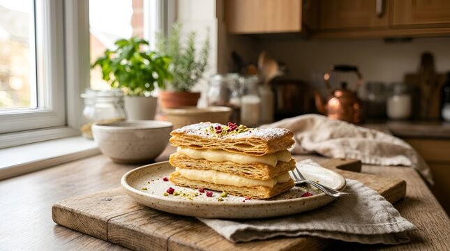 Mille-feuille pastry dessert with pistachio, creamy delight, kitchen scene