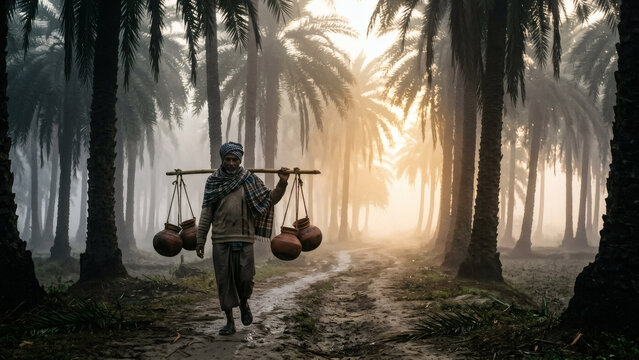 Man Carrying Clay Pots On A Yoke Walks Through A Palm Tree Forest