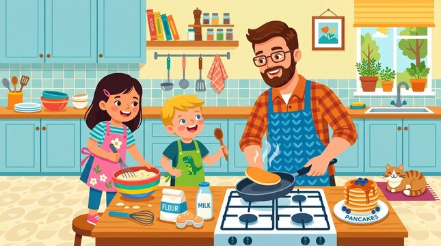 Father and children happily making pancakes together in a bright kitchen scene