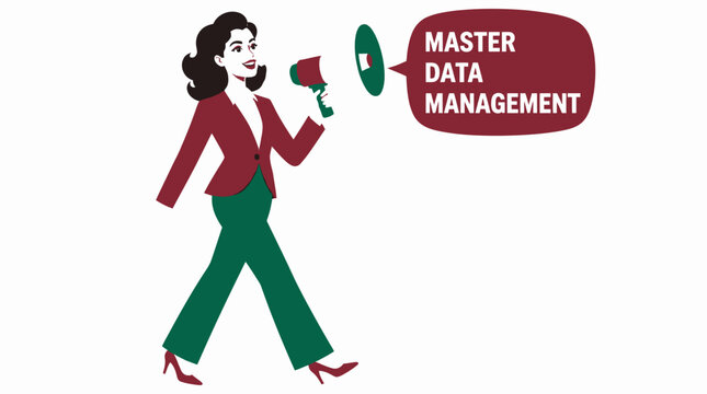 Businesswoman holding megaphone for master data management.