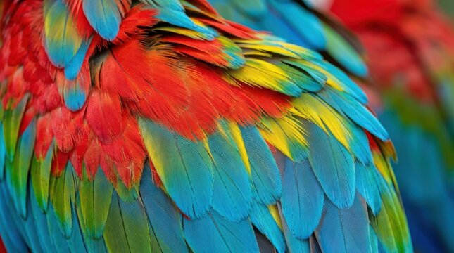 Vibrant Macaw Parrot Feathers Close Up Abstract Background Colorful Tropical Bird Plumage Texture Detailed Exotic Wildlife Pattern for Nature Design Projects