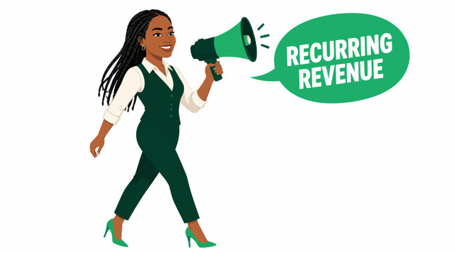 Businesswoman using megaphone for recurring revenue announcement.