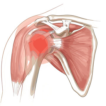 Anterior shoulder joint anatomy vector diagram highlighting humerus bone bicep tendon inflammation and acute muscular pain