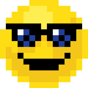 Cool pixel art emoji emoticon with sunglasses and a confident grin. Retro 8 bit digital icon full of attitude and style, perfect for nostalgic chats, sticker packs, or classic gaming themed artwork.