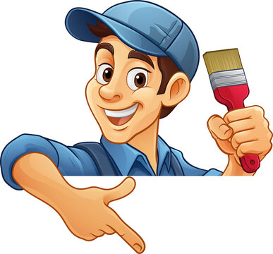 A painter decorator handyman cartoon mascot man holding a paint brush and pointing