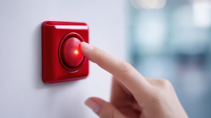 Naklejka premium Close-Up of Hand Pressing Red Button Switch with Illuminated Light on Modern Wall in Bright Interior Space