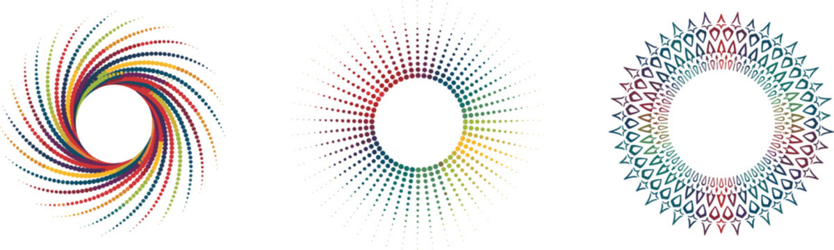 Abstract colorful circular mandala and halftone dot spiral shapes set isolated on white background geometric logo design elements vector illustration