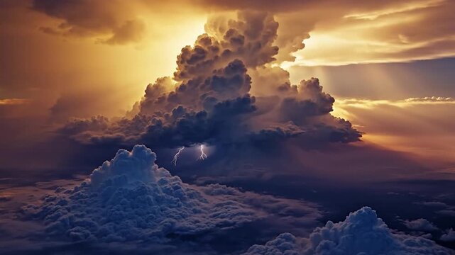 Dramatic golden sunset light illuminates massive storm clouds in the sky