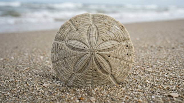 Single Sand Dollar Shell Resting on Sandy Beach Shoreline, Coastal Nature Photography for Summer Vacation Decor and Marine Biology Concepts