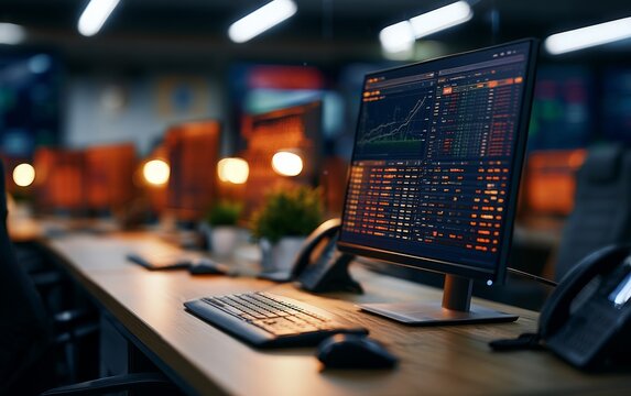 Empty Trading Floor with Idle Monitors in Dark Workspace Setting