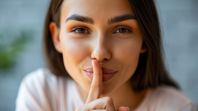 Young woman holding finger to lips making a hush gesture asking for silence with portrait, expression