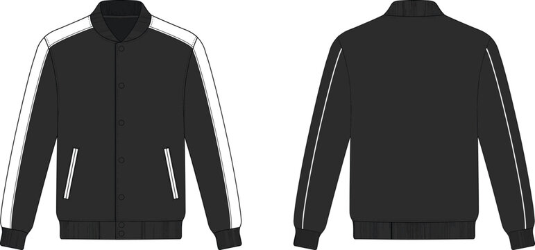 Blank black varsity jacket vector mockup template with white stripes front and back view for apparel design
