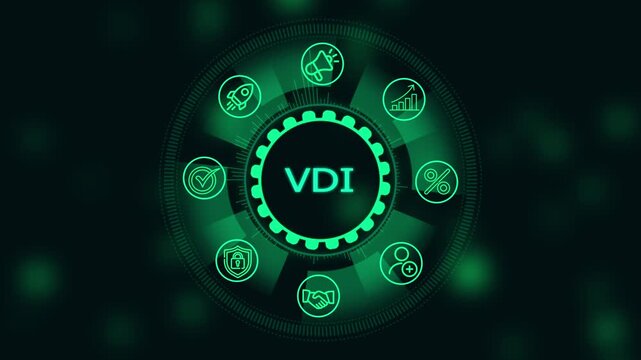 Vdi virtual desktop infrastructure concept with digital hud interface and business cloud computing digital transformation