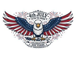 American bald eagle with wings spread in usa flag colors celebrating 250 years of independence july 4th 1776 to 2026 fireworks background © Creative Design