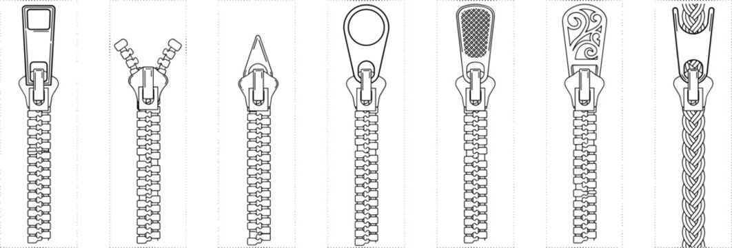Collection of diverse zipper pull and slider designs in technical black and white line art illustration
