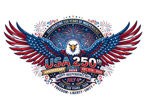 American bald eagle with wings spread in usa flag colors celebrating 250 years of independence july 4th 1776 to 2026 fireworks background