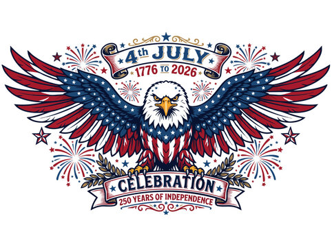American bald eagle with wings spread in usa flag colors celebrating 250 years of independence july 4th 1776 to 2026 fireworks background