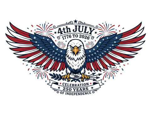 American bald eagle with wings spread in usa flag colors celebrating 250 years of independence july 4th 1776 to 2026 fireworks background