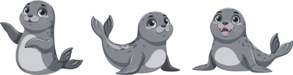 Cute cartoon baby seal character set with three different friendly poses vector illustration isolated on white background for kids design elements © Ms