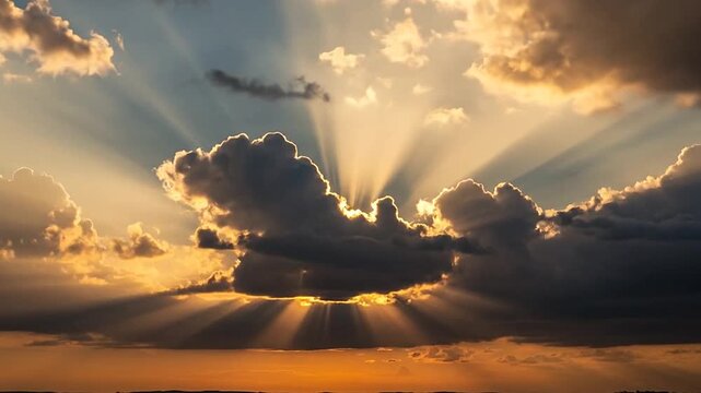 Sunset with clouds and sun rays.