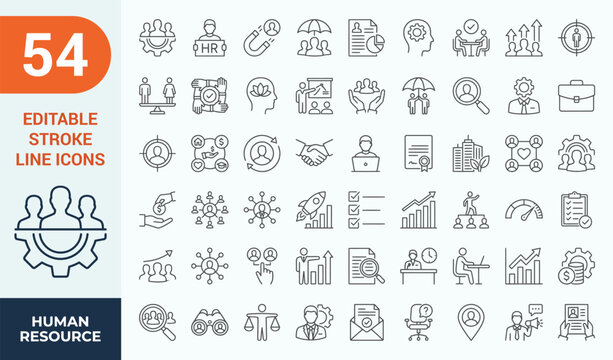 Human resource and team management line icons mega set. Vector corporate recruitment workflow, company employee hiring interview, job career placement solution, outline, editable stroke.