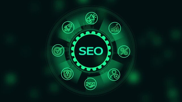 Seo optimization digital interface with animated marketing and data growth hud technology search engine optimization