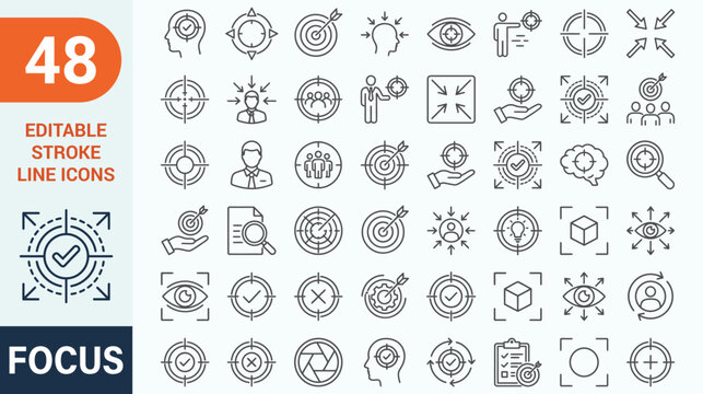 Focus and target marketing line icons mega set. Vector illustration of business strategic goal, dartboard arrow objective, vision eye concentration, audience targeting center, outline, editable stroke