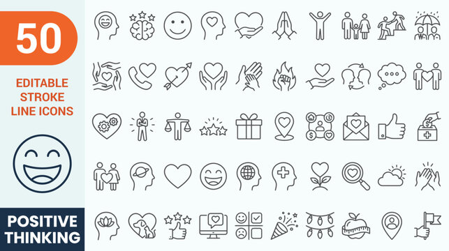 Positive thinking and mental wellness line icons mega set. Vector illustration of emotional intelligence, happy smiley face emoji, self care meditation, mind health heart, outline, editable stroke.