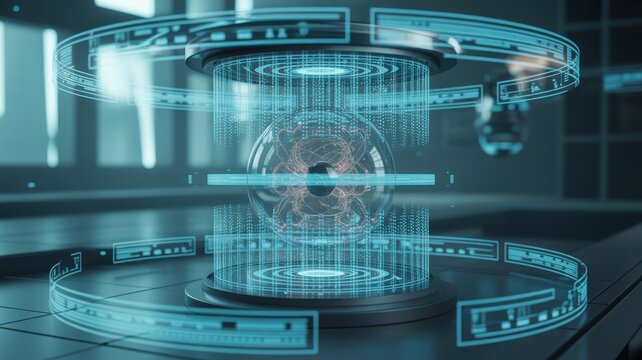 Futuristic cylindrical containment chamber with glowing blue holographic data rings and interface