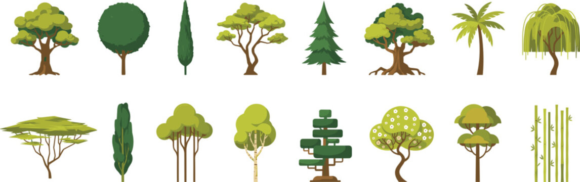 Green trees vector illustration set showing diverse plant species like palm oak pine cypress bonsai willow and bamboo isolated on white background